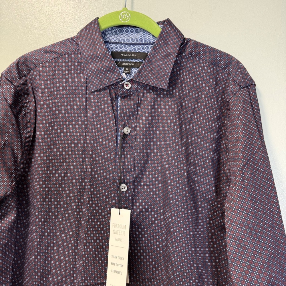 Tahari Mens Premium Sateen Stretch Dress Shirt Geometric Print Navy Burgundy M